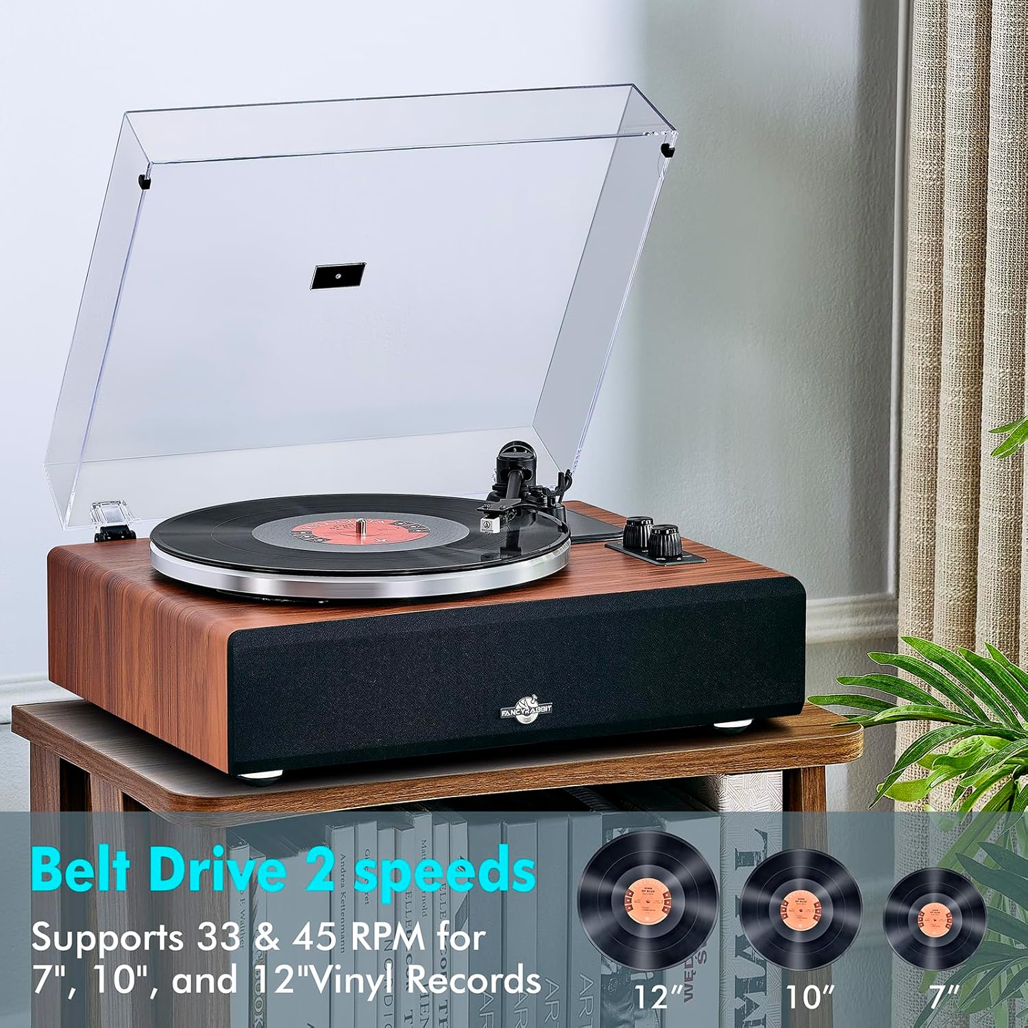 High-Fidelity Bluetooth Turntable with Speakers | AT-3600L Magnetic Cartridge | Built-in Phono Preamp | 2-Speed Belt Drive | FancyRabbit (HP-H2410)