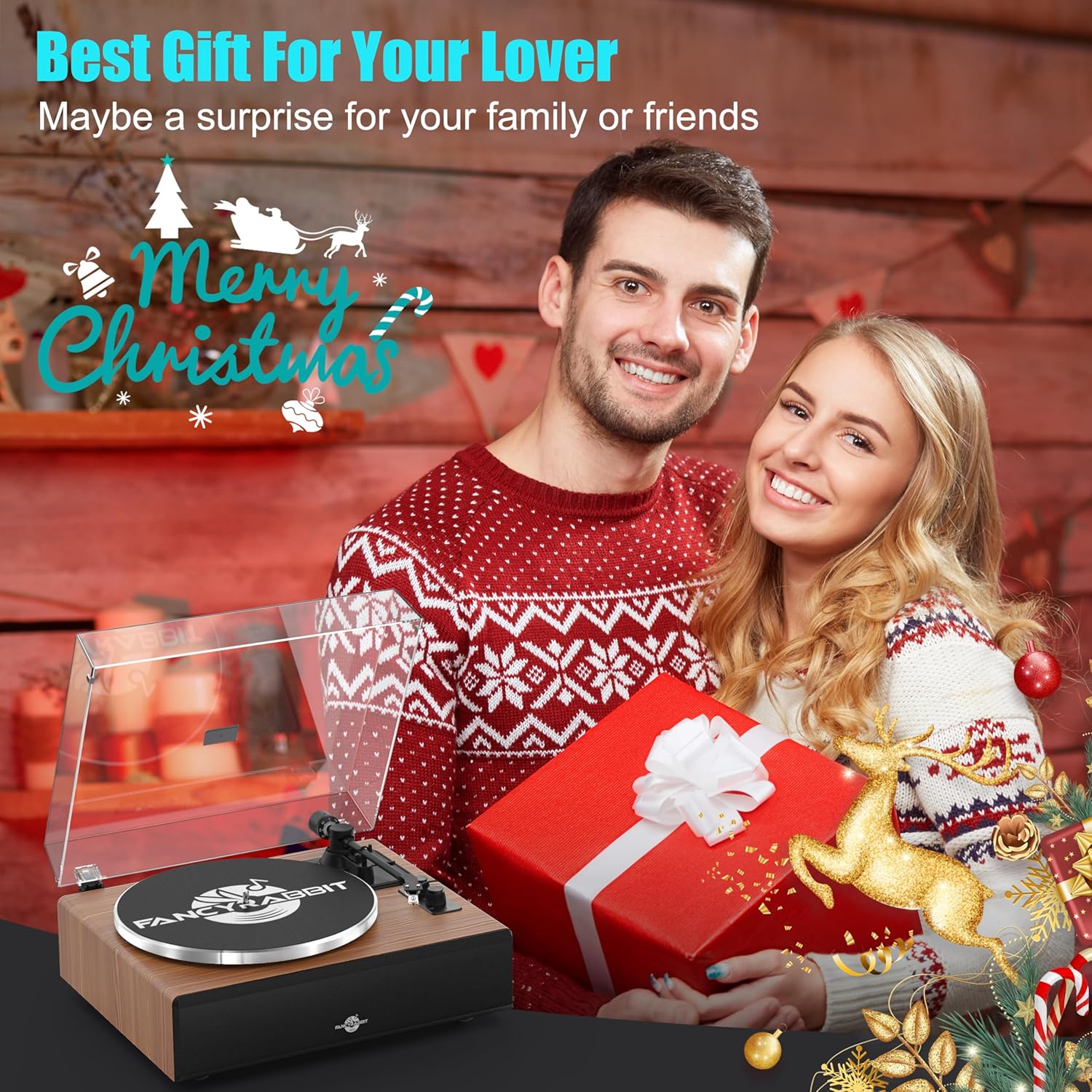 High-Fidelity Bluetooth Turntable with Speakers | AT-3600L Magnetic Cartridge | Built-in Phono Preamp | 2-Speed Belt Drive | FancyRabbit (HP-H2410)